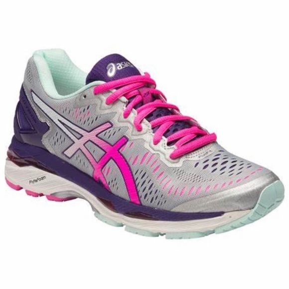 New Asics GEL Kayano 23 Silver Pink Glow Purple 13 D Wide Womens Disc Shipping